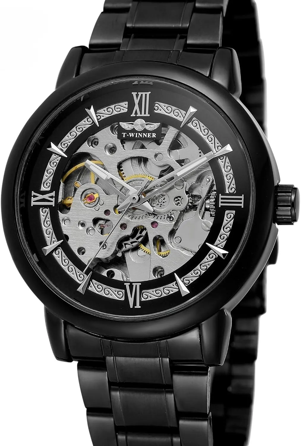 Silver Case overload Wrist Watch Men's Automatic Skeleton Watches Mechanical Stainless Steel Skeleton Steampunk Design Automatic Self-Winding 