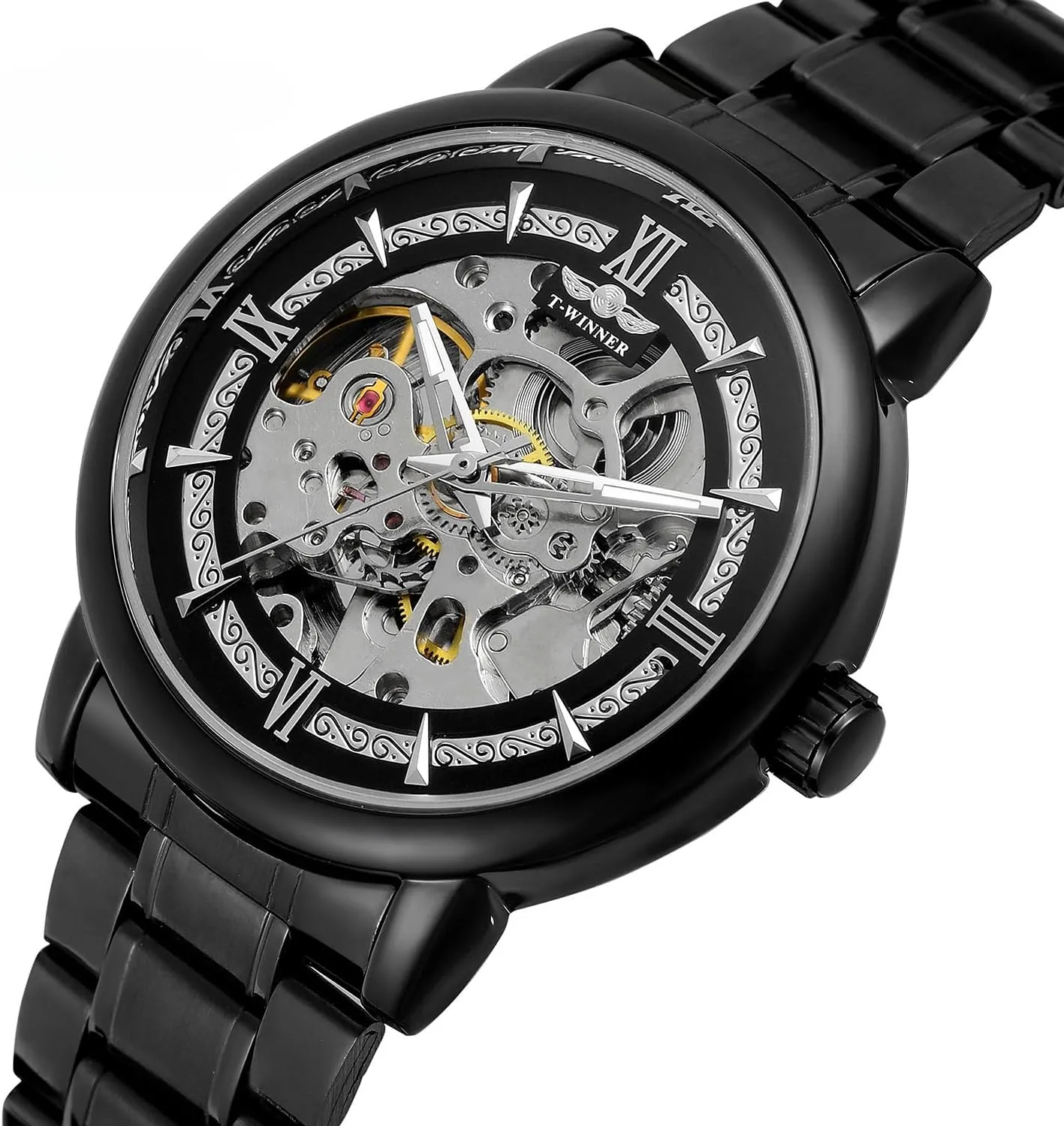 Silver Case overload Wrist Watch Men's Automatic Skeleton Watches Mechanical Stainless Steel Skeleton Steampunk Design Automatic Self-Winding 