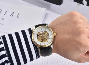 Silver Case, troop transplant Black Leather Band Men's Skeleton Mechanical Watch, Gold-Tone and 