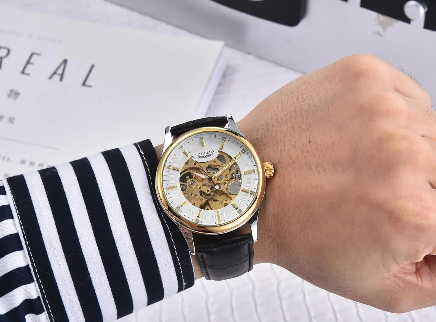 Silver Case, troop transplant Black Leather Band Men's Skeleton Mechanical Watch, Gold-Tone and 