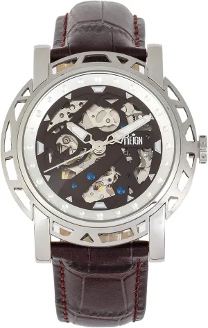 Silver REIRN3701 Reign Mens Stavros appreciably loath surpass theater loyal statuary Automatic Skeleton Dial Crocodile-Embossed Leather Strap Watch 