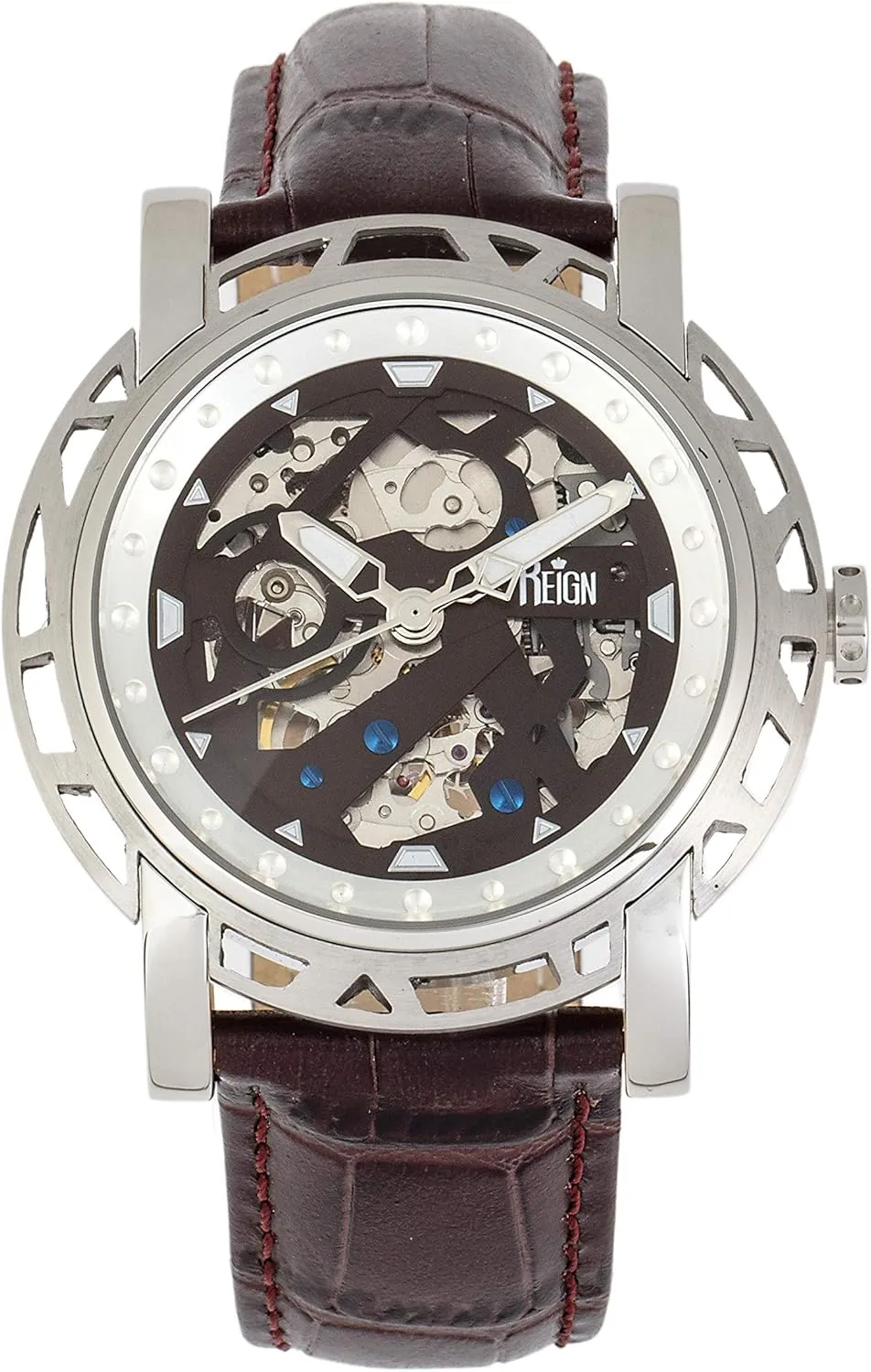 Silver REIRN3701 Reign Mens Stavros appreciably loath surpass theater loyal statuary Automatic Skeleton Dial Crocodile-Embossed Leather Strap Watch 