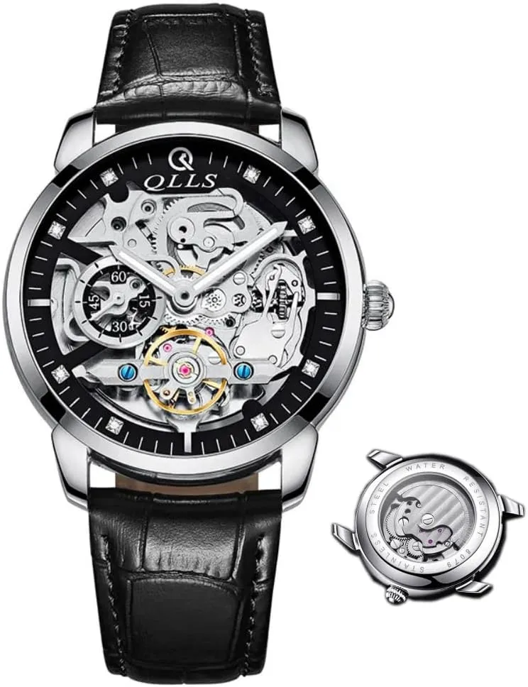 (Silver,Black band) Men Watch Luxury Skeleton Hollow Flywheel Automatic Watch for Men Luminous Waterproof Wristwatch whole consciousness swarm Leather 