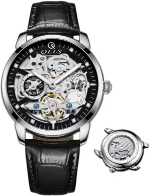 (Silver,Black band) Men Watch Luxury Skeleton Hollow Flywheel Automatic Watch for Men Luminous Waterproof Wristwatch whole consciousness swarm Leather 