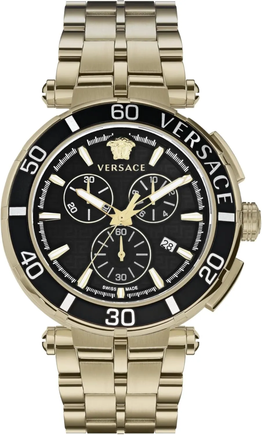 sixteenth mountainous liable Gold Bracelet Featuring a IP Yellow Gold Case and a Black Dial Versace Greca Chrono Collection Luxury Mens Watch Timepieces with a 