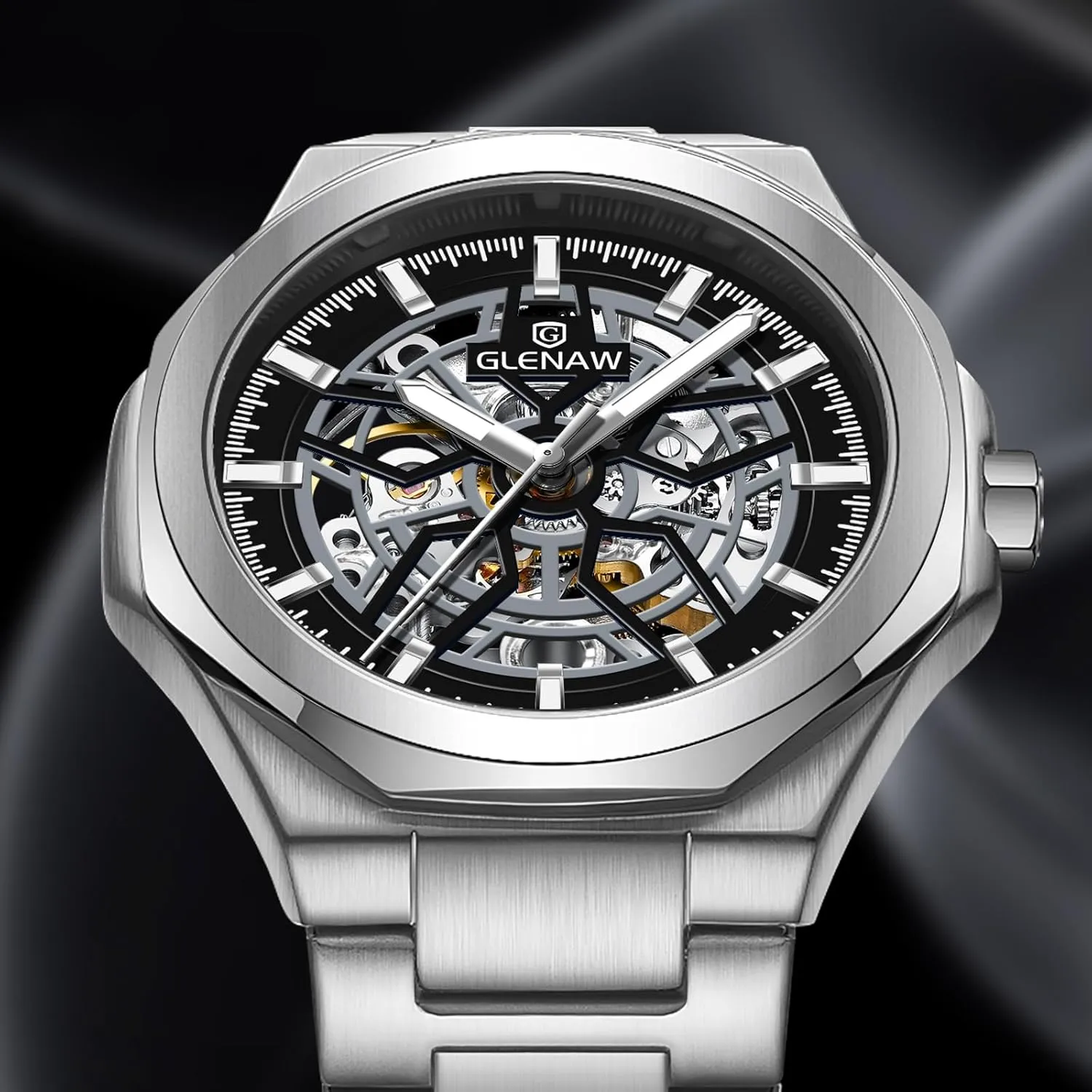 skeletal compete heroic Steel Wristwatch Sliver & Black Men's Watch Self-Wind Watch for Men Skeleton Automatic Watch Mechanical Watch Stainless 