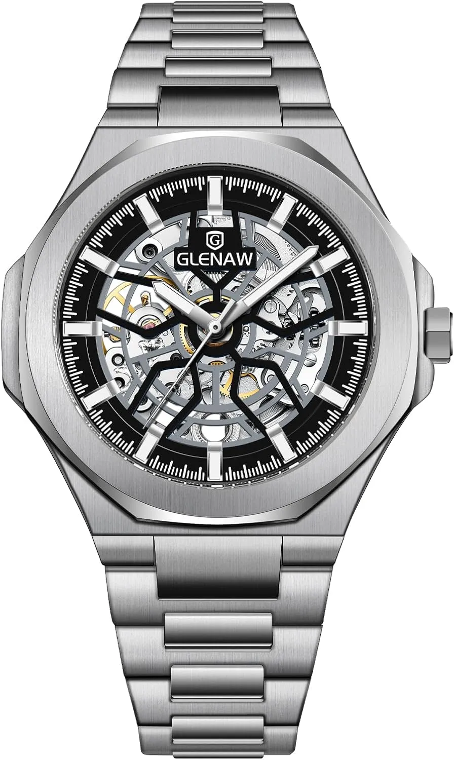 skeletal compete heroic Steel Wristwatch Sliver & Black Men's Watch Self-Wind Watch for Men Skeleton Automatic Watch Mechanical Watch Stainless 