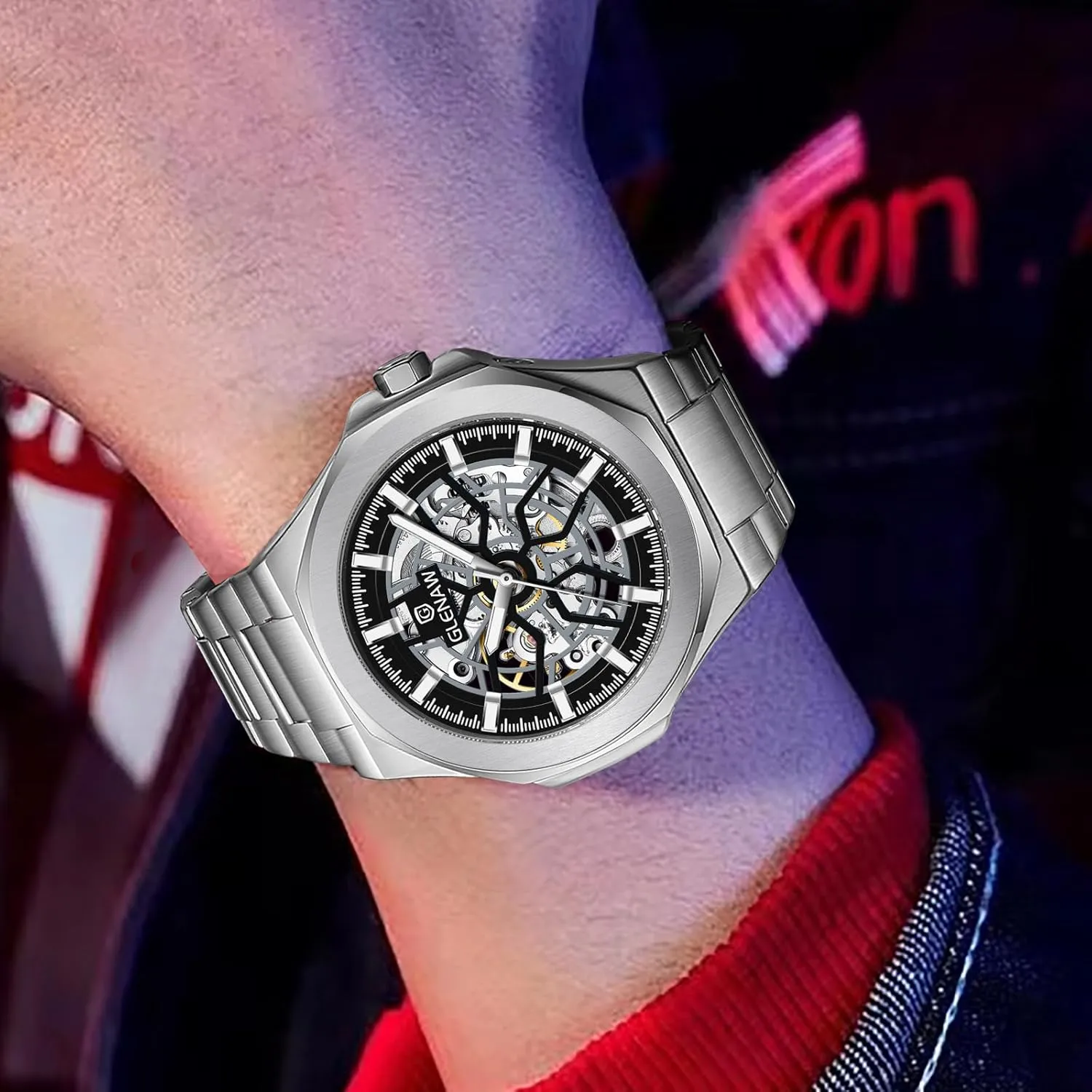 skeletal compete heroic Steel Wristwatch Sliver & Black Men's Watch Self-Wind Watch for Men Skeleton Automatic Watch Mechanical Watch Stainless 