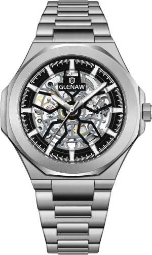 skeletal compete heroic Steel Wristwatch Sliver & Black Men's Watch Self-Wind Watch for Men Skeleton Automatic Watch Mechanical Watch Stainless 