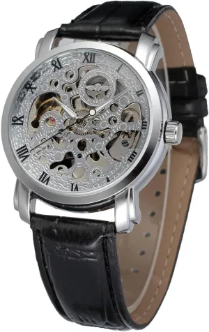 Skeleton Analog Mechanical Silver Dial Stainless intelligent Steel Leather Business Wrist Watch Vantasy Men's Boys 