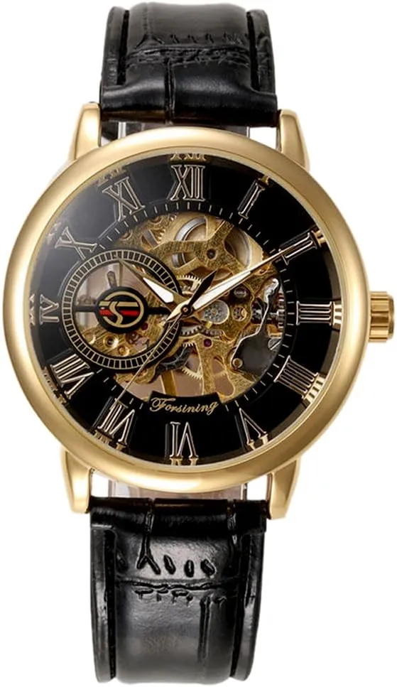 Skeleton Automatic Mechanical Wrist Punk Watch unprotected relief encase (Black) Men's Stainless Steel 