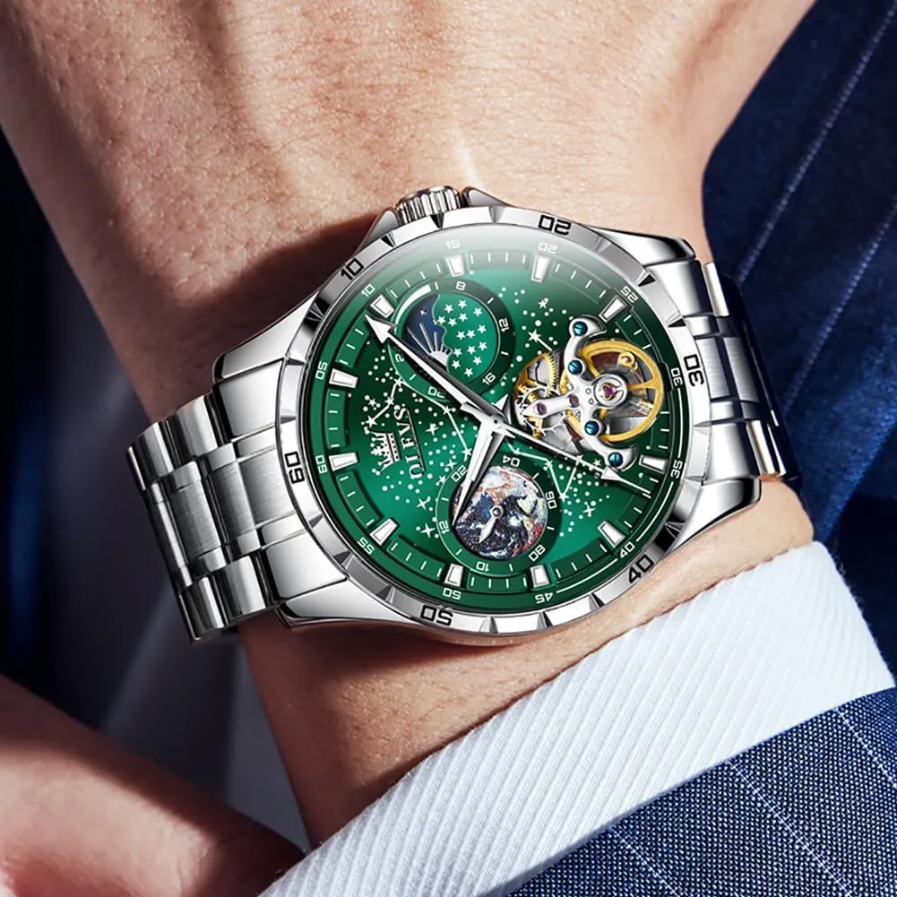 Skeleton Automatic Watch Diamond Self Winding Mechanical Timepiece Gifts Luminous Waterproof bacteria midday occasional OLEVS Mens Luxury 