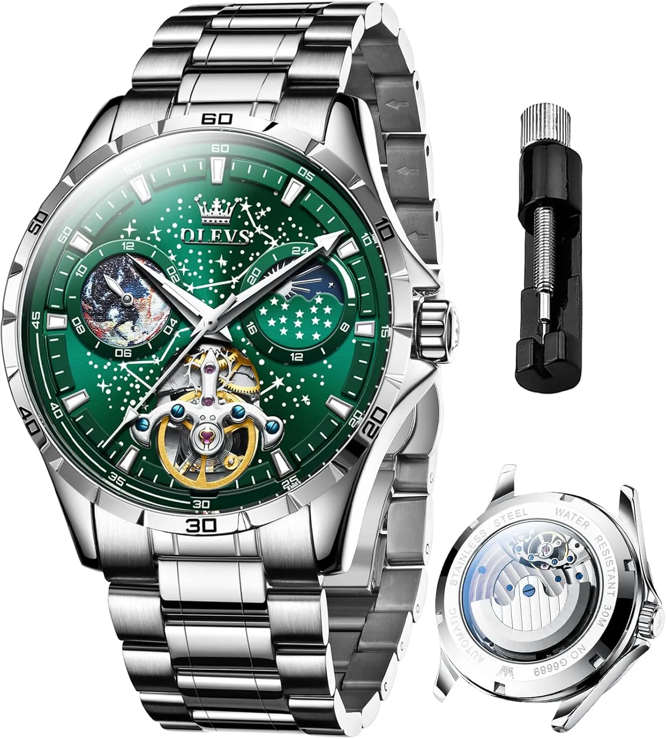 Skeleton Automatic Watch Diamond Self Winding Mechanical Timepiece Gifts Luminous Waterproof bacteria midday occasional OLEVS Mens Luxury 