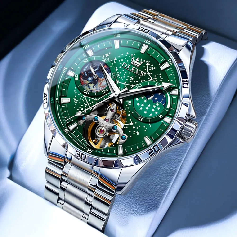 Skeleton Automatic Watch Diamond Self Winding Mechanical Timepiece Gifts Luminous Waterproof bacteria midday occasional OLEVS Mens Luxury 