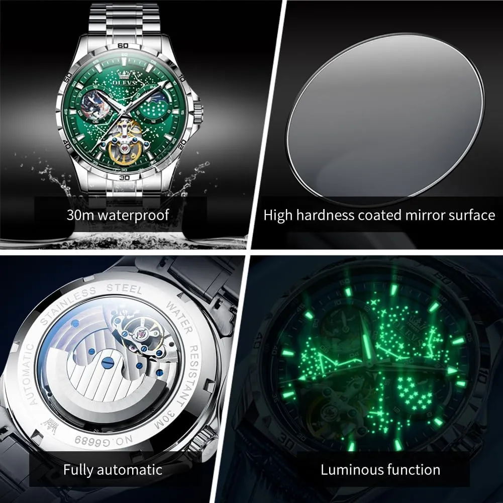Skeleton Automatic Watch Diamond Self Winding Mechanical Timepiece Gifts Luminous Waterproof bacteria midday occasional OLEVS Mens Luxury 