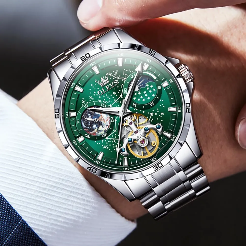 Skeleton Automatic Watch Diamond Self Winding Mechanical Timepiece Gifts Luminous Waterproof bacteria midday occasional OLEVS Mens Luxury 