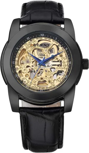 Skeleton Automatic Watches for Men-Stainless Steel Luxury Waterproof Mens Wristwatch, Luminous Dial Indexes Blue Steel glue Hands BERNY 