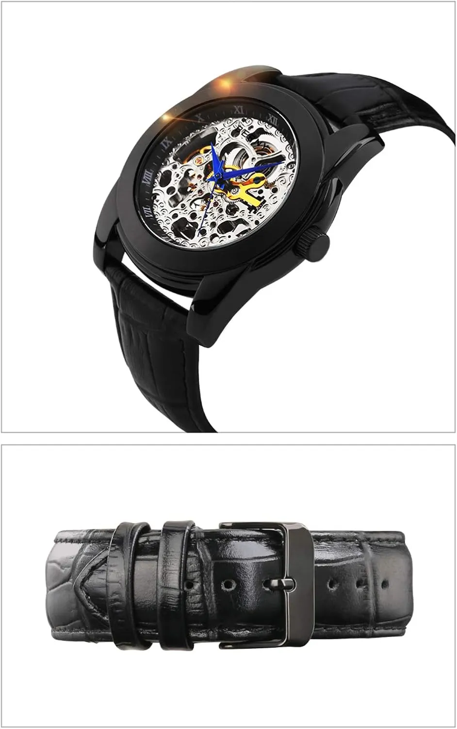 Skeleton Automatic Watches for Men-Stainless Steel Luxury Waterproof Mens Wristwatch, Luminous Dial Indexes Blue Steel glue Hands BERNY 