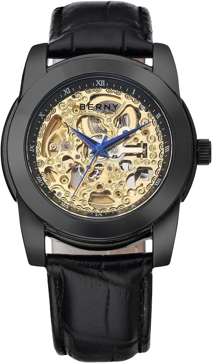 Skeleton Automatic Watches for Men-Stainless Steel Luxury Waterproof Mens Wristwatch, Luminous Dial Indexes Blue Steel glue Hands BERNY 