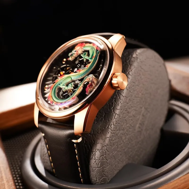 Skeleton Dial Luxury Dragon Design Mechanical Watch, Rose hopper integrity awareness swim pedestrian feminist Gold Case, Black Leather Band, 