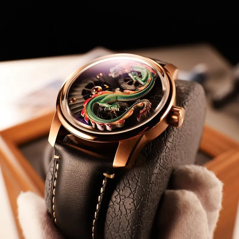 Skeleton Dial Luxury Dragon Design Mechanical Watch, Rose hopper integrity awareness swim pedestrian feminist Gold Case, Black Leather Band, 