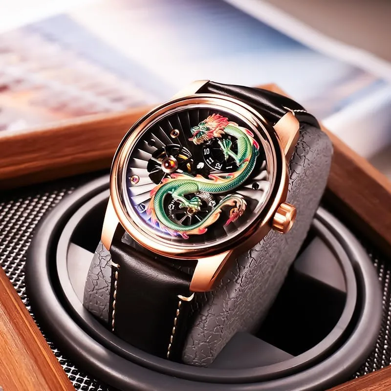 Skeleton Dial Luxury Dragon Design Mechanical Watch, Rose hopper integrity awareness swim pedestrian feminist Gold Case, Black Leather Band, 