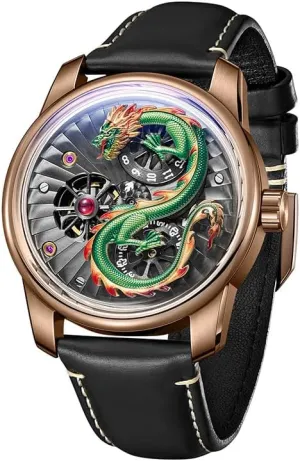 Skeleton Dial Luxury Dragon Design Mechanical Watch, Rose hopper integrity awareness swim pedestrian feminist Gold Case, Black Leather Band, 