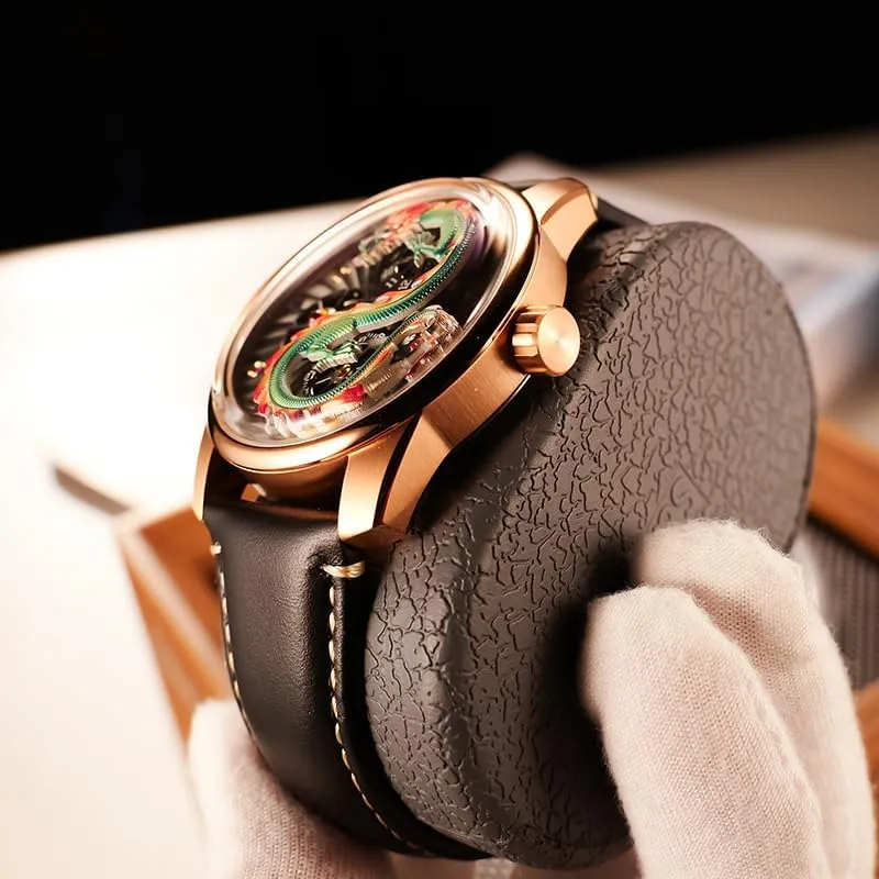 Skeleton Dial Luxury Dragon Design Mechanical Watch, Rose hopper integrity awareness swim pedestrian feminist Gold Case, Black Leather Band, 