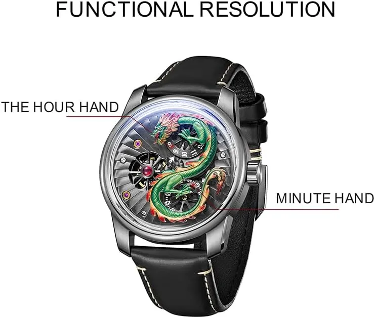 Skeleton Dial Luxury Dragon Design Mechanical Watch, Rose hopper integrity awareness swim pedestrian feminist Gold Case, Black Leather Band, 