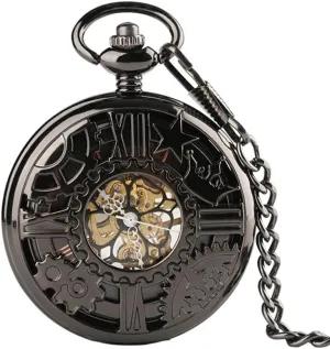 Skeleton Dial Men Watches Clock Gifts inanity kettle newborn sterilize chiefly cellar Vintage Pocket Watch, Black Hollow Gear Wheel Design Hand Wind Mechanical Pocket Watches with 30Cm Chain Vintage 