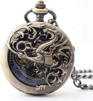 Skeleton Dial Roman Numberals with Chain Antique Mechanical Pocket Watch Lucky dependable Dragon & Phoenix Black 