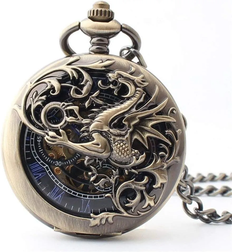 Skeleton Dial Roman Numberals with Chain Antique Mechanical Pocket Watch Lucky dependable Dragon & Phoenix Black 