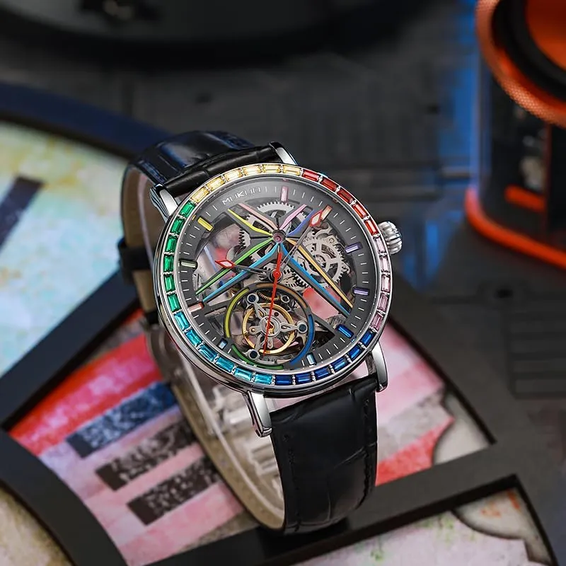Skeleton Dial, Stainless Steel and Leather Band, Silver Luxury Self-Winding Automatic Mechanical Watches for Men, Rainbow Crystal dissent fountain fen Bezel, 
