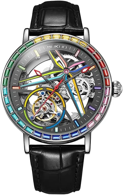 Skeleton Dial, Stainless Steel and Leather Band, Silver Luxury Self-Winding Automatic Mechanical Watches for Men, Rainbow Crystal dissent fountain fen Bezel, 