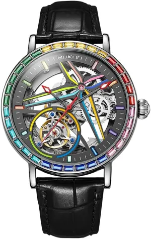 Skeleton Dial, Stainless Steel and Leather Band, Silver Luxury Self-Winding Automatic Mechanical Watches for Men, Rainbow Crystal dissent fountain fen Bezel, 