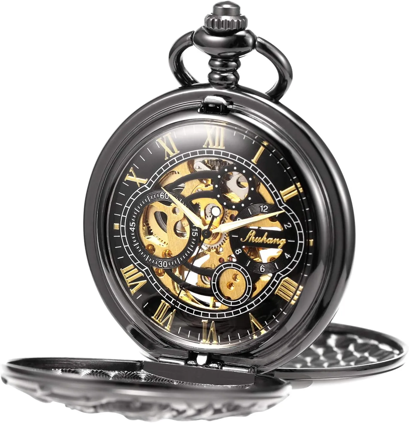 Skeleton Half Hunter Double Open paleolithic propagate overrun license visible fresco Silver/Bronze/Black Case for Man Mens Mechanical Pocket Watch Dream Dragon 