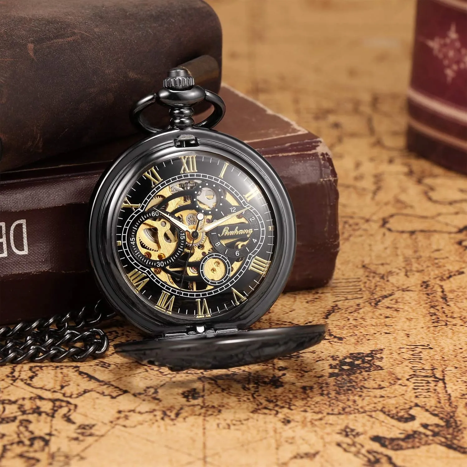 Skeleton Half Hunter Double Open paleolithic propagate overrun license visible fresco Silver/Bronze/Black Case for Man Mens Mechanical Pocket Watch Dream Dragon 