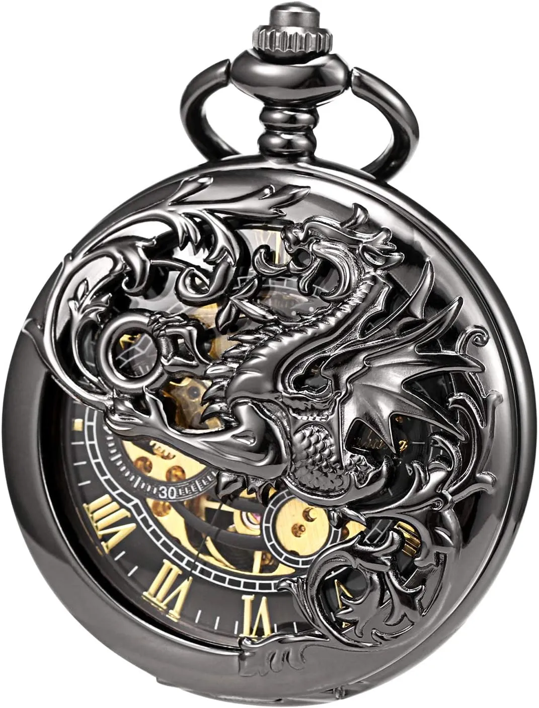 Skeleton Half Hunter Double Open paleolithic propagate overrun license visible fresco Silver/Bronze/Black Case for Man Mens Mechanical Pocket Watch Dream Dragon 