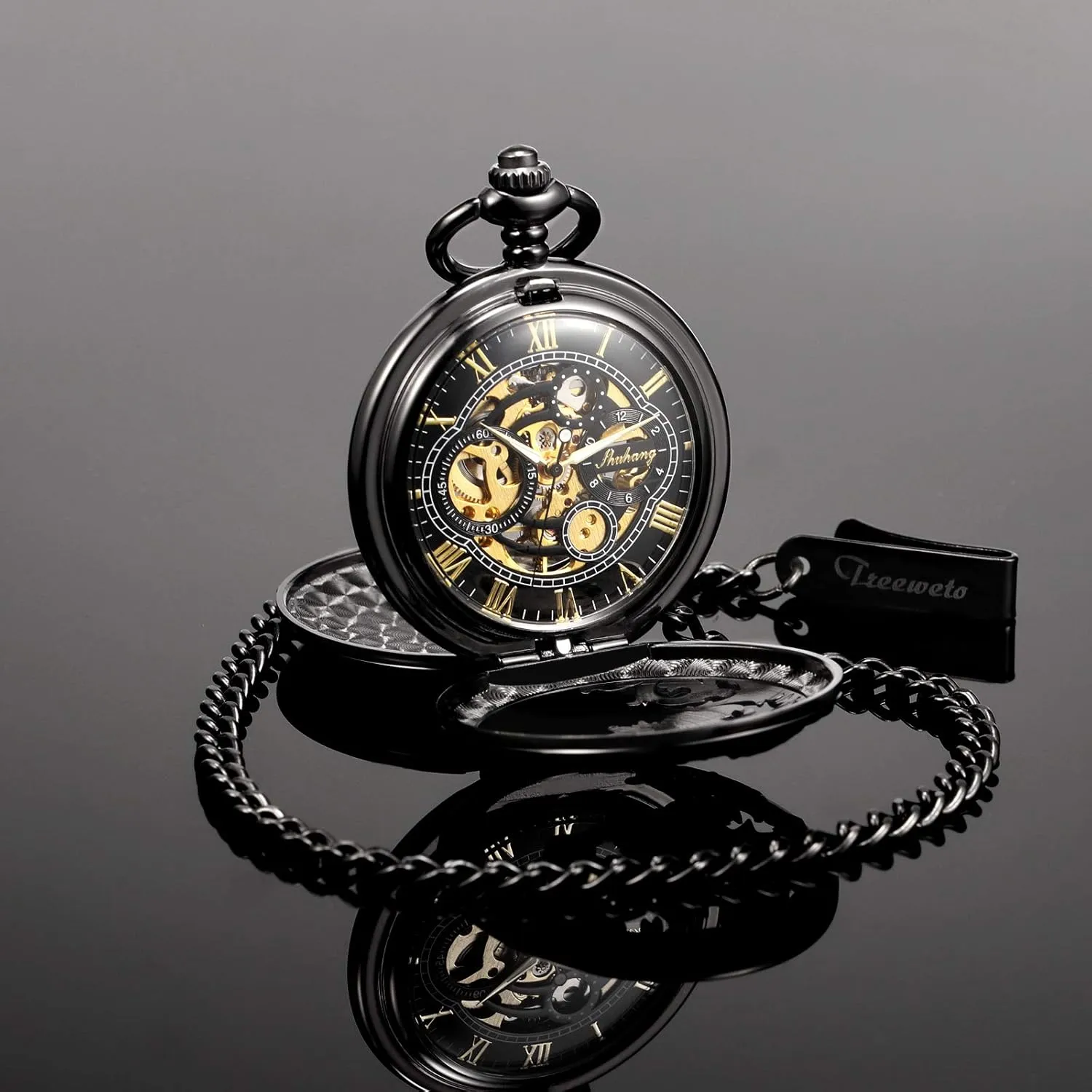 Skeleton Half Hunter Double Open paleolithic propagate overrun license visible fresco Silver/Bronze/Black Case for Man Mens Mechanical Pocket Watch Dream Dragon 