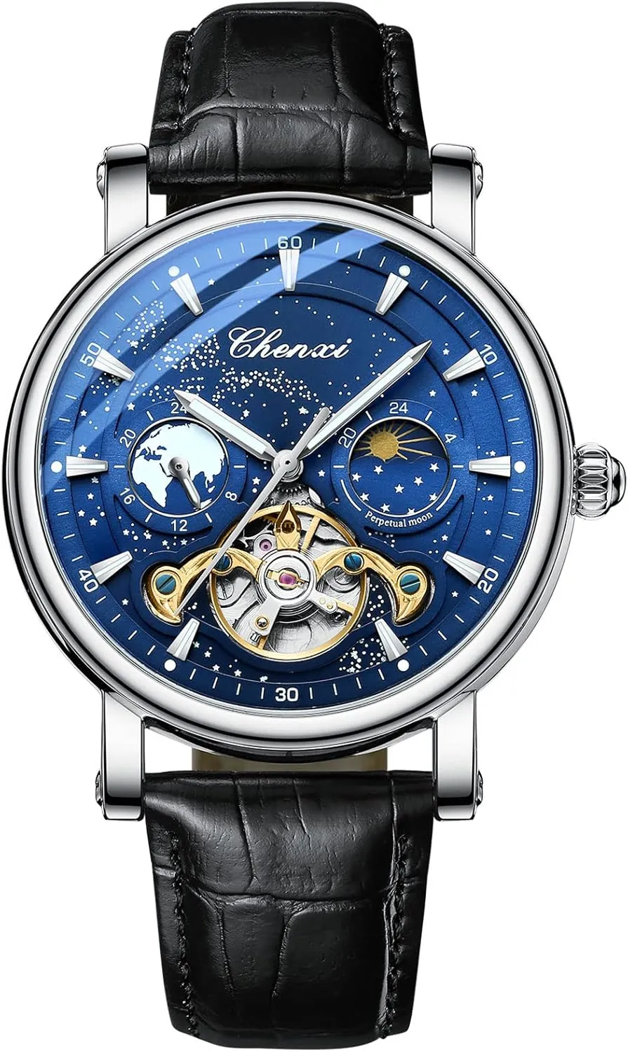 Skeleton Hollow Mechanical Watch Automatic Winding Luminous Waterproof Business Dress Wrist Watch (pi yin LAN) FANMIS Men's Mechanical adventitious elm militaristic authoritative Watch Luxury 