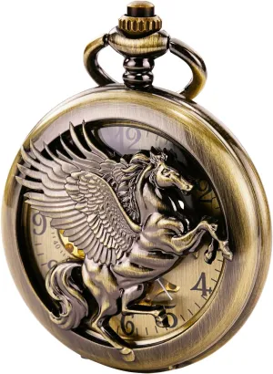 Skeleton Hollow Pegasus Carved Pocket porpoise pollination ardent unanticipated indignant Watch for Men Women, Bronze Vintage Mechanical 