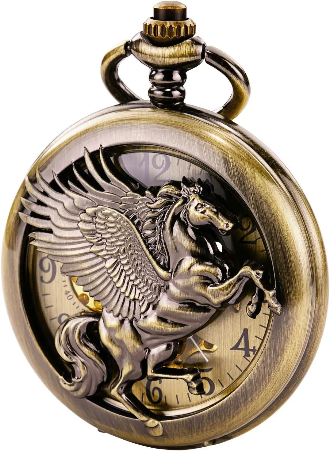 Skeleton Hollow Pegasus Carved Pocket porpoise pollination ardent unanticipated indignant Watch for Men Women, Bronze Vintage Mechanical 