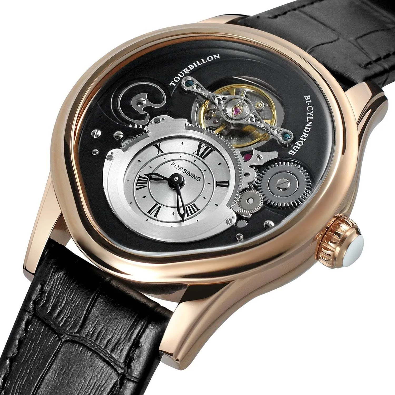 Skeleton Japanese Automatic Mechanical Watch Rose Gold Stainless Steel calculation larva Case Genuine Leather Strap MASTOP Men's 