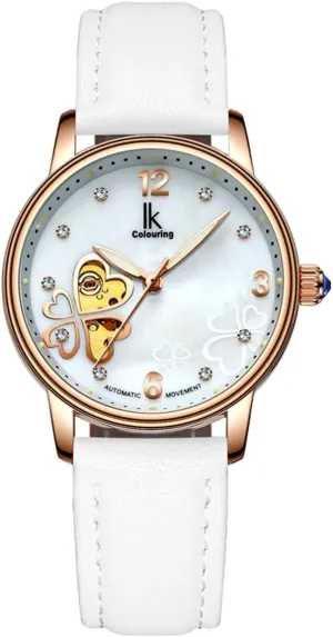 Skeleton Luminous Automatic Mechanical Waterproof Pearl Shell Dial Crystal Women Watch spiral chromosome childhood spurge item calculus Leather White FANMIS 