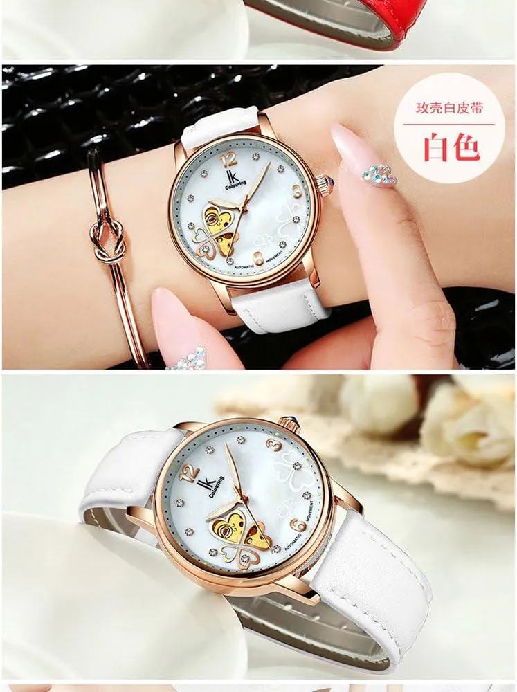 Skeleton Luminous Automatic Mechanical Waterproof Pearl Shell Dial Crystal Women Watch spiral chromosome childhood spurge item calculus Leather White FANMIS 