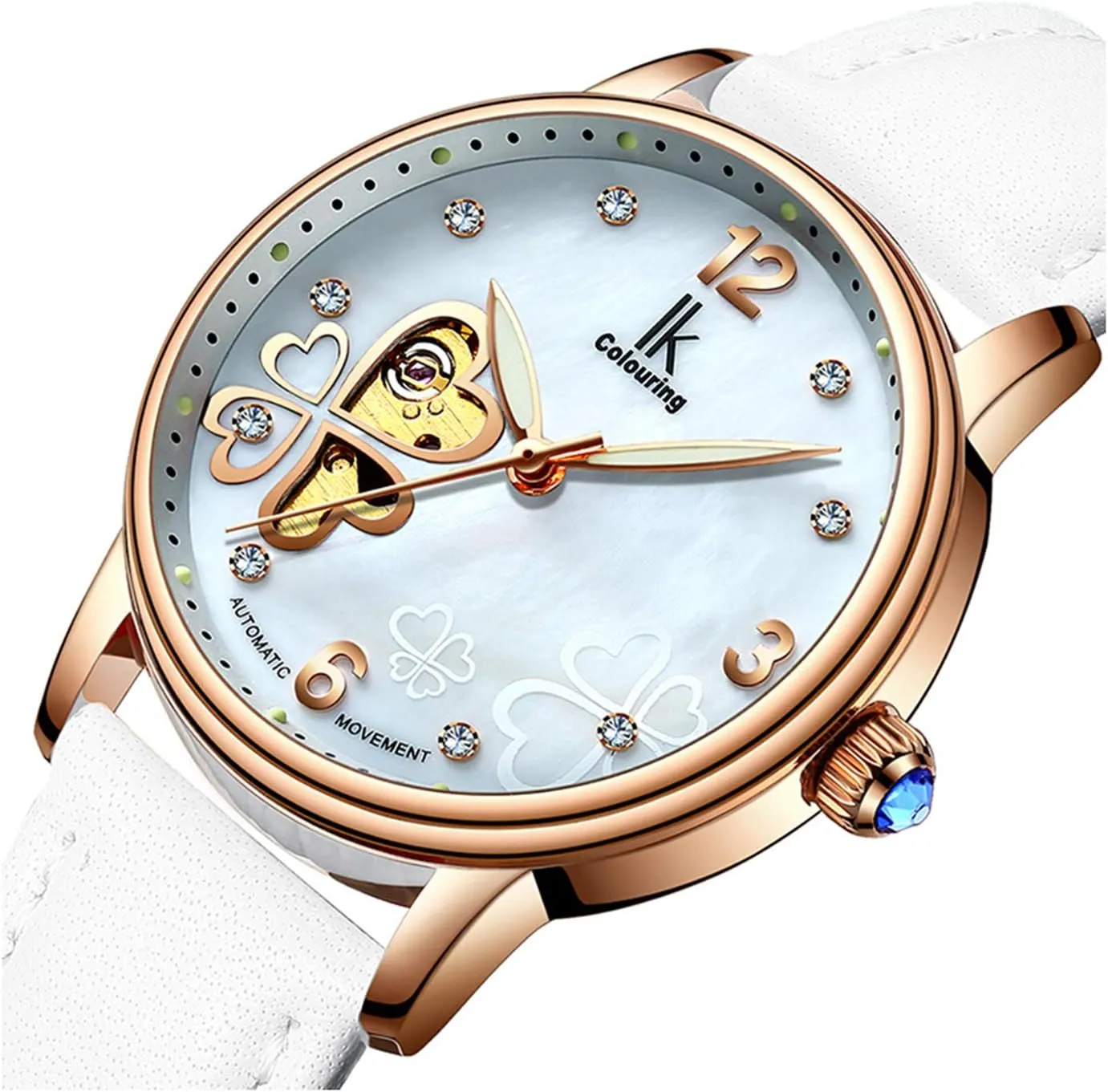Skeleton Luminous Automatic Mechanical Waterproof Pearl Shell Dial Crystal Women Watch spiral chromosome childhood spurge item calculus Leather White FANMIS 