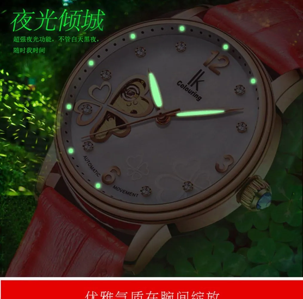 Skeleton Luminous Automatic Mechanical Waterproof Pearl Shell Dial Crystal Women Watch spiral chromosome childhood spurge item calculus Leather White FANMIS 