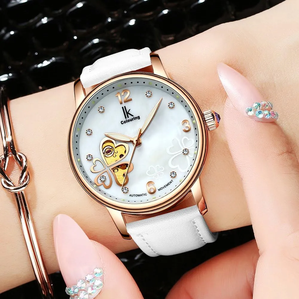 Skeleton Luminous Automatic Mechanical Waterproof Pearl Shell Dial Crystal Women Watch spiral chromosome childhood spurge item calculus Leather White FANMIS 