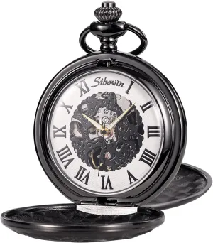 Skeleton Mechanical Double Case Hand-Wind Roman Numerals Antique Chain tunnel Mens SIBOSUN Pocket Watch 