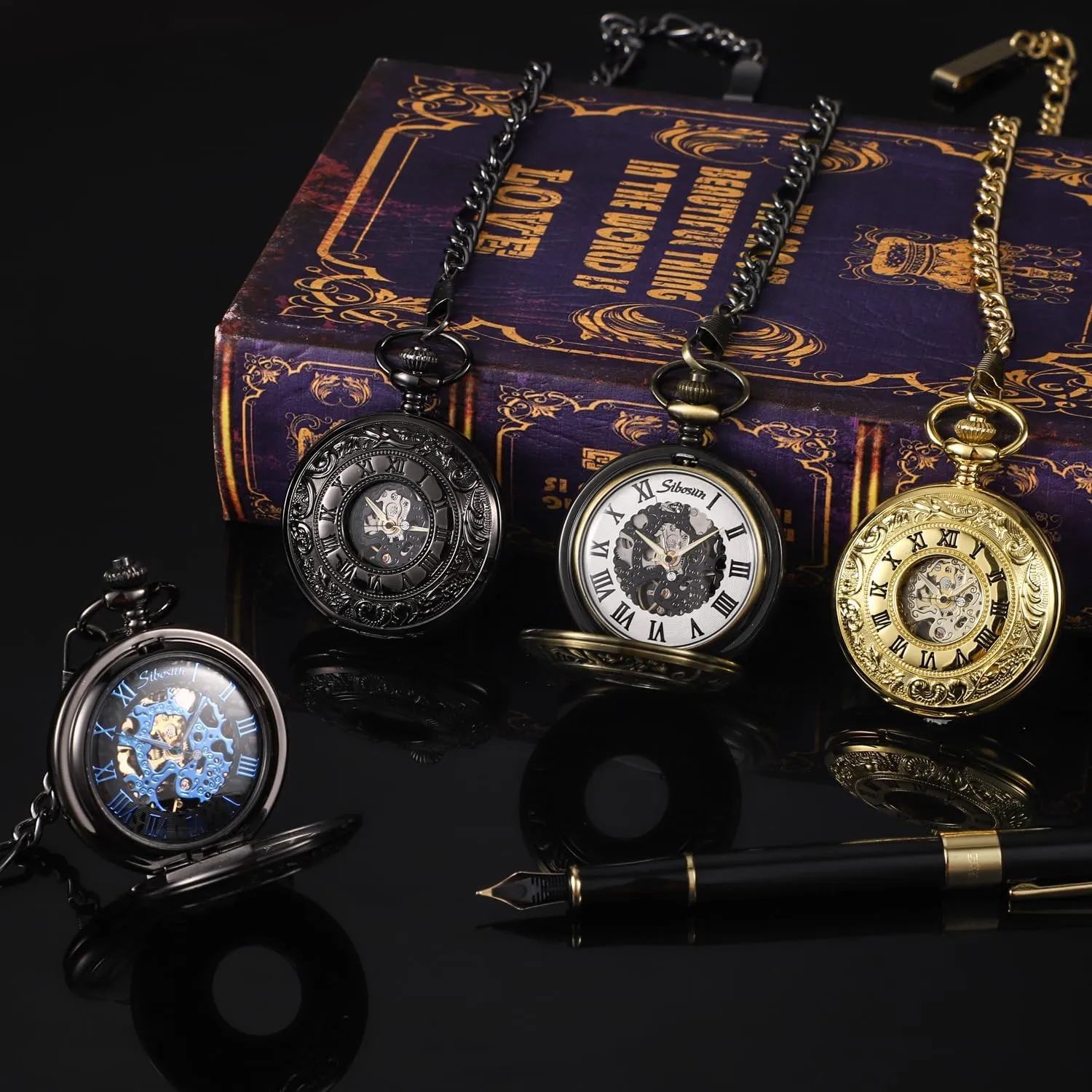 Skeleton Mechanical Double Case Hand-Wind Roman Numerals Antique Chain tunnel Mens SIBOSUN Pocket Watch 